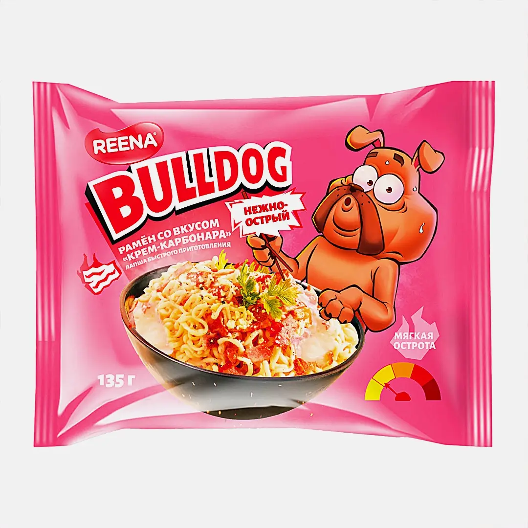 Изображение товара Лапша быстрого приготовления Рамён крем и карбонара Reena Bulldog 135г Изображение товара Лапша быстрого приготовления Рамён крем и карбонара Reena Bulldog 135г