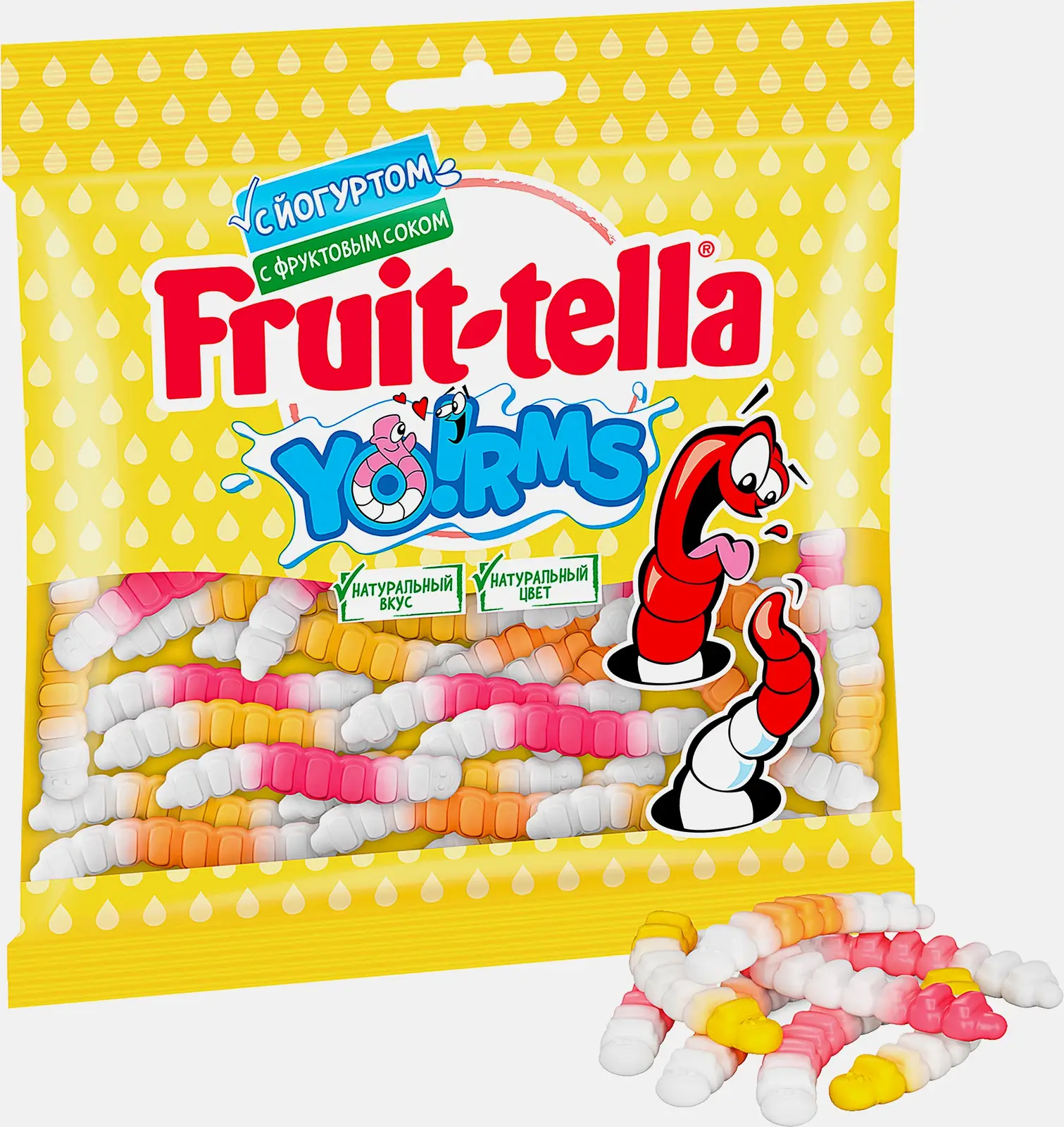 Изображение товара Жевательный мармелад Fruit-Tella Yorms 138г с фруктовыми вкусами и яркой упаковкой
