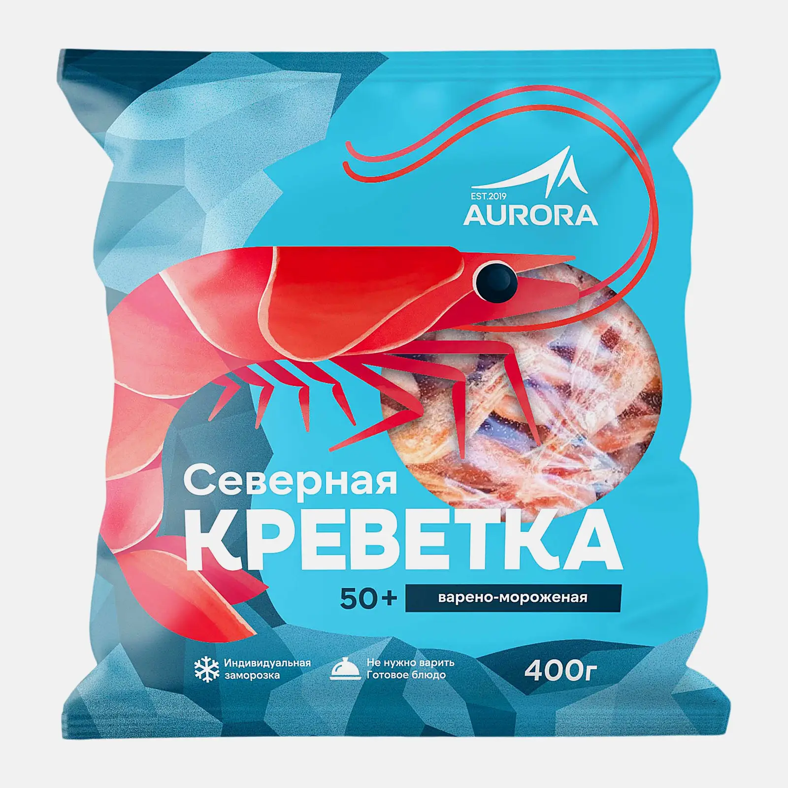 Креветка северная варено-мороженая Aurora 50+ 400г
