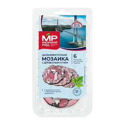 Изображение товара Колбаса Дальневосточная мозаика копчено-вареная нарезка Мясницкий Ряд 80г