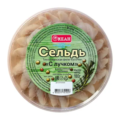Изображение товара Сельдь филе-кусочками с лучком в масле Океан 180г