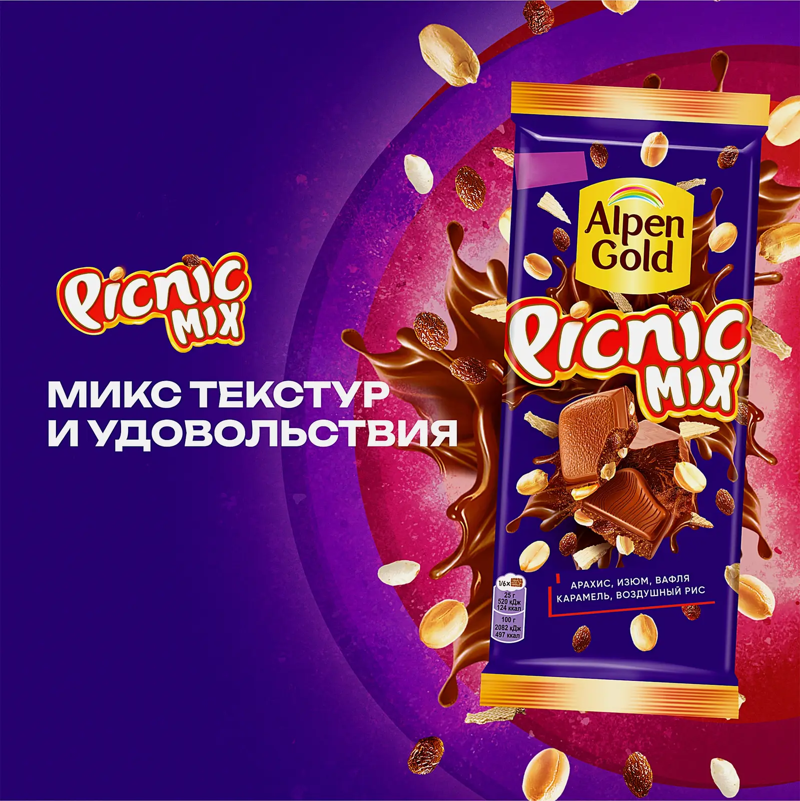 Молочный шоколад с арахисом и изюмом начинкой из мягкой карамели вафель и воздушного риса Alpen Gold Picnic 130г - фото 5