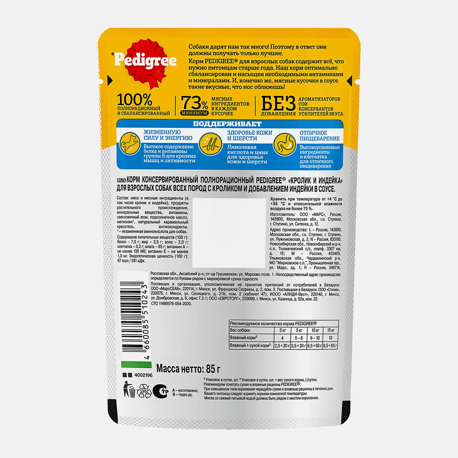 Влажный корм для собак всех пород Pedigree с кроликом и индейкой в соусе 85г