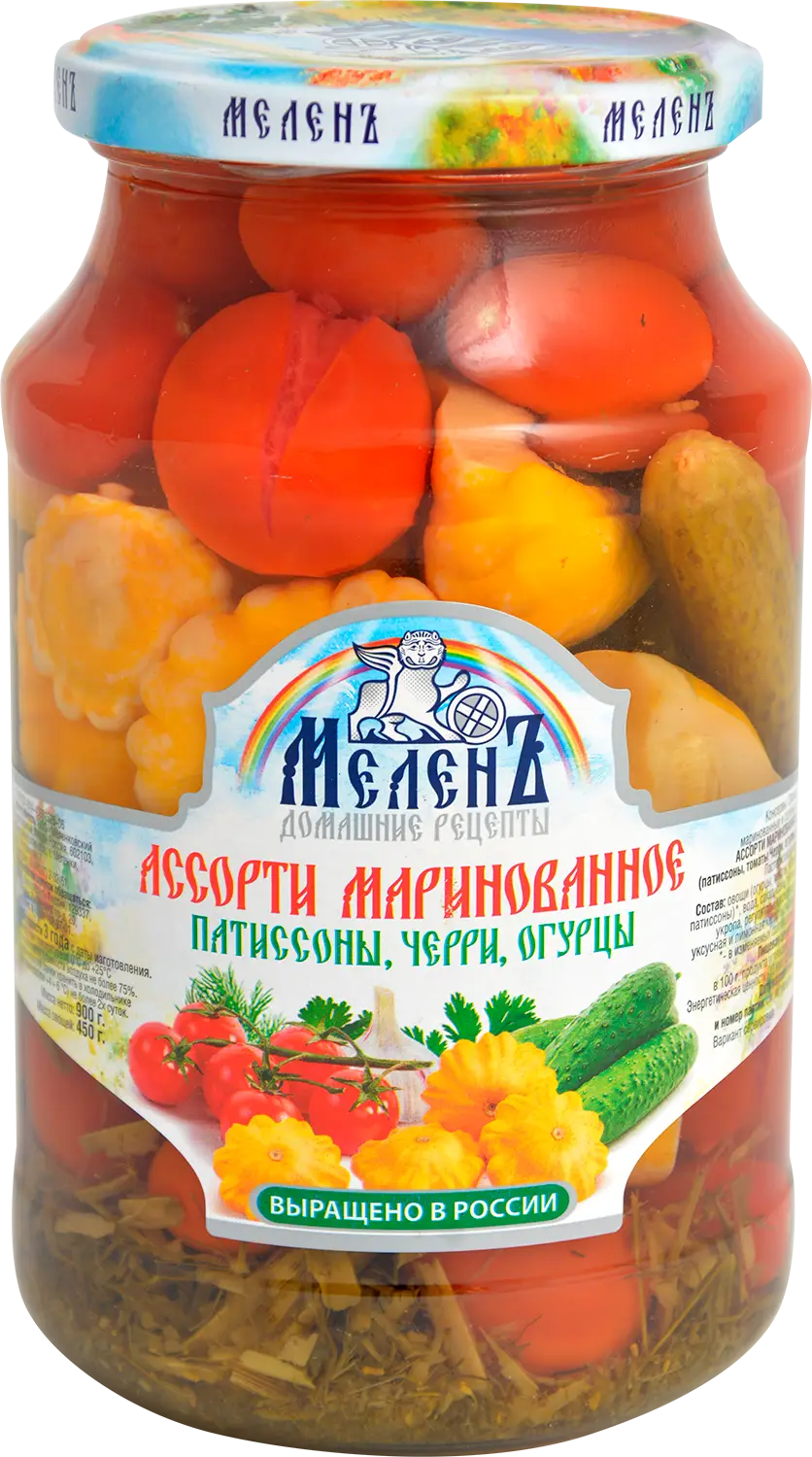 Ассорти овощное Меленъ Патиссоны Черри Огурцы 900г - Магнит-Продукты