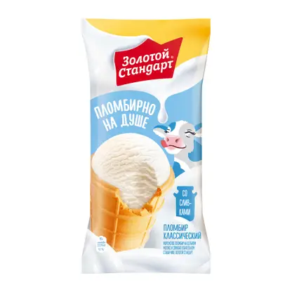 Изображение товара Мороженое Золотой Стандарт пломбир на цельном молоке и свежих сливках в вафельном стаканчике 95г