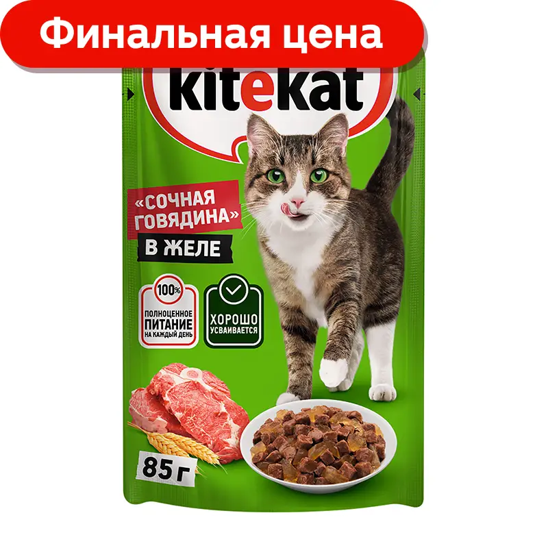 Влажный корм для кошек Kitekat с сочными кусочками говядины в желе 85г