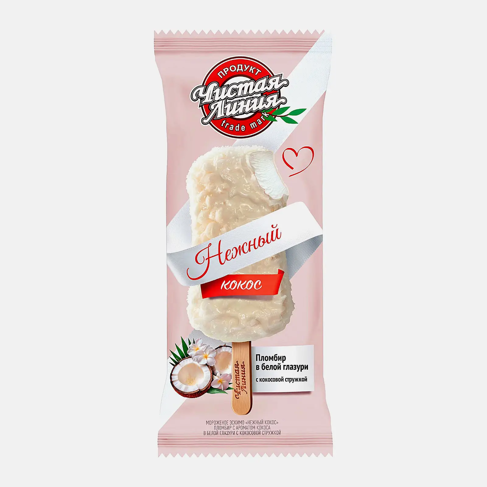 Изображение товара Мороженое Нежный кокос в белой глазури с кокосовой стружкой Чистая Линия 12% 62г