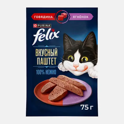 Влажный корм для взрослых кошек паштет с говядиной и ягнёнком Felix 75г