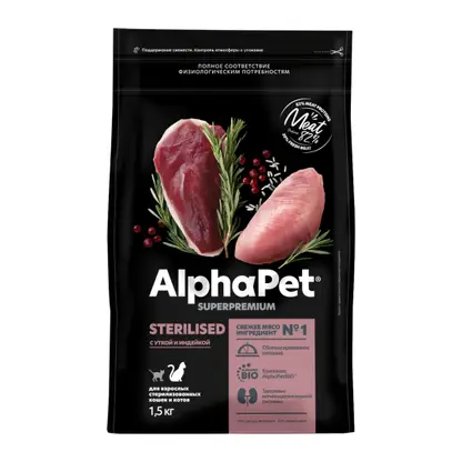 Изображение товара Сухой корм для стерилизованных кошек с уткой и индейкой Alphapet Superpremium 1.5кг