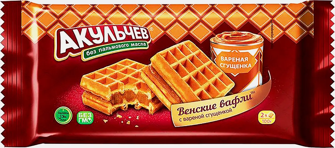 Изображение товара Вафли Акульчев Венские со вкусом вареной сгущенки 100г