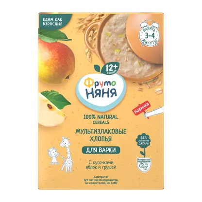 Изображение товара Каша для варки Фрутоняня безмолочная мультизлаковые хлопья с кусочками яблок и грушей 200г
