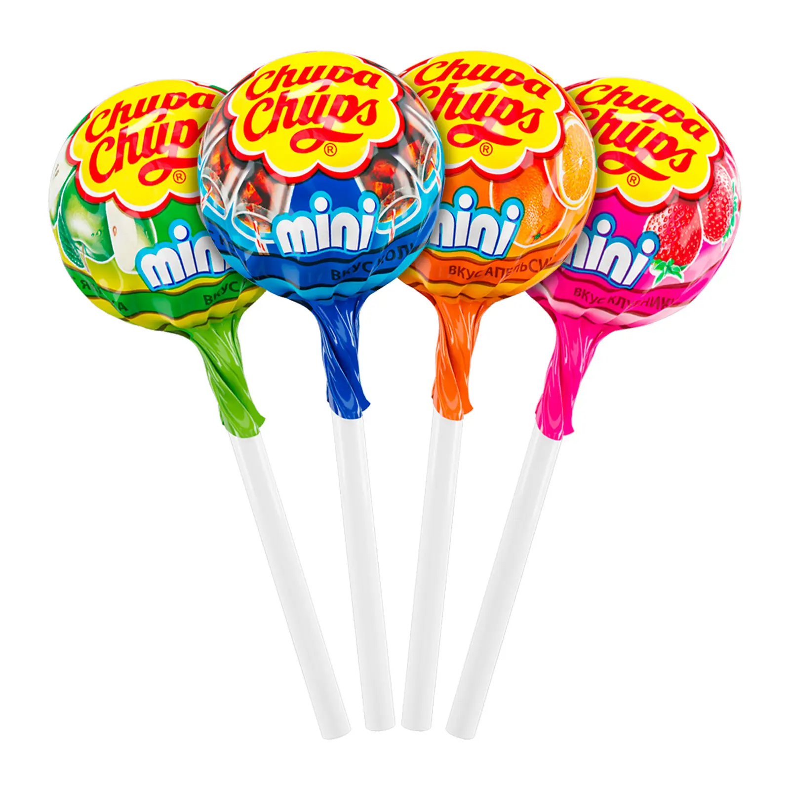 Изображение товара Карамель на палочке Chupa Chups мини со вкусами клубники, яблока, апельсина, колы - 0.3 кг