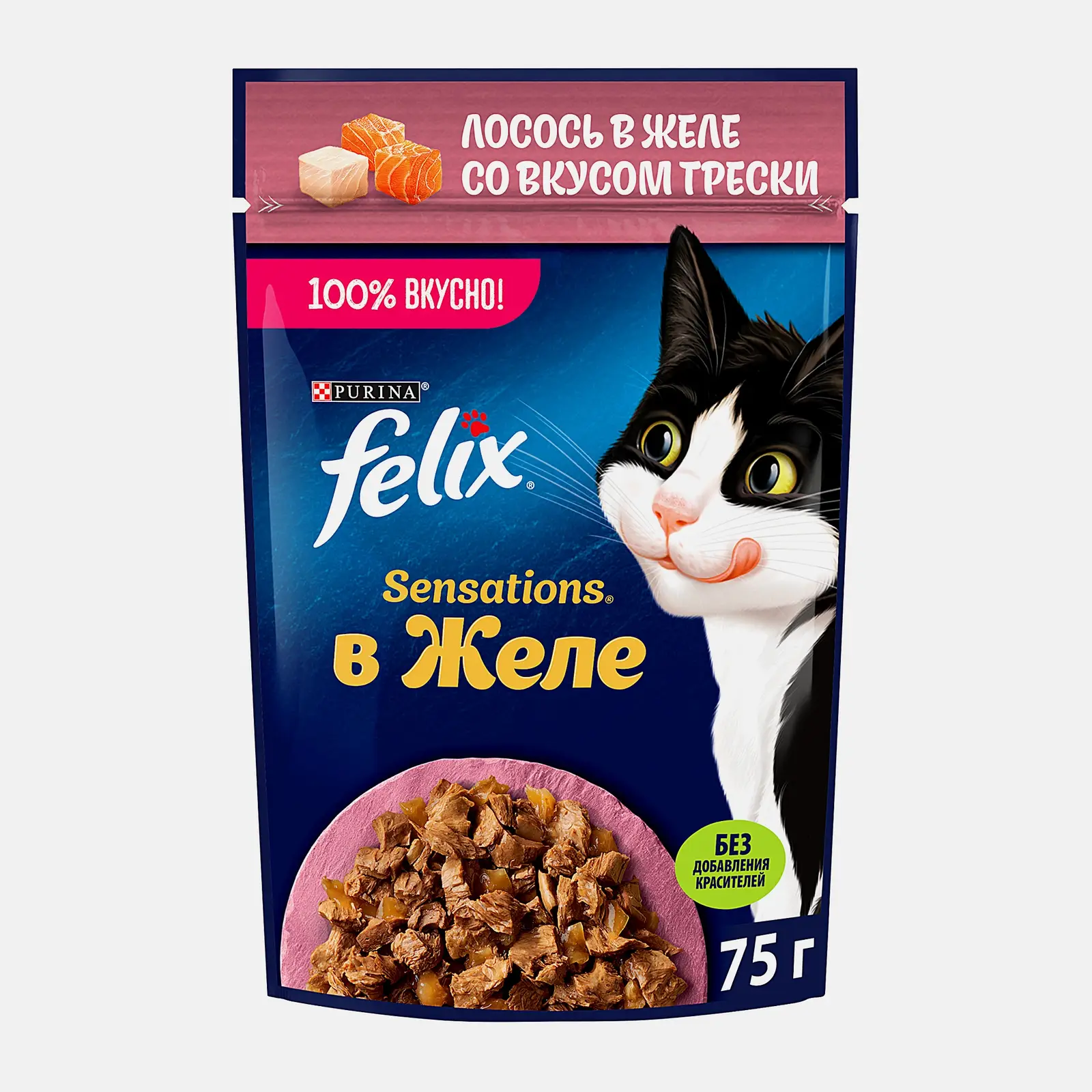 Изображение товара Влажный корм для взрослых кошек Felix Sensations с лососем в желе с добавлением трески 75г