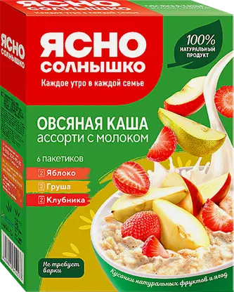 Каша овсяная ассорти с яблоком, грушей и клубникой Ясно солнышко 270г в ассортименте