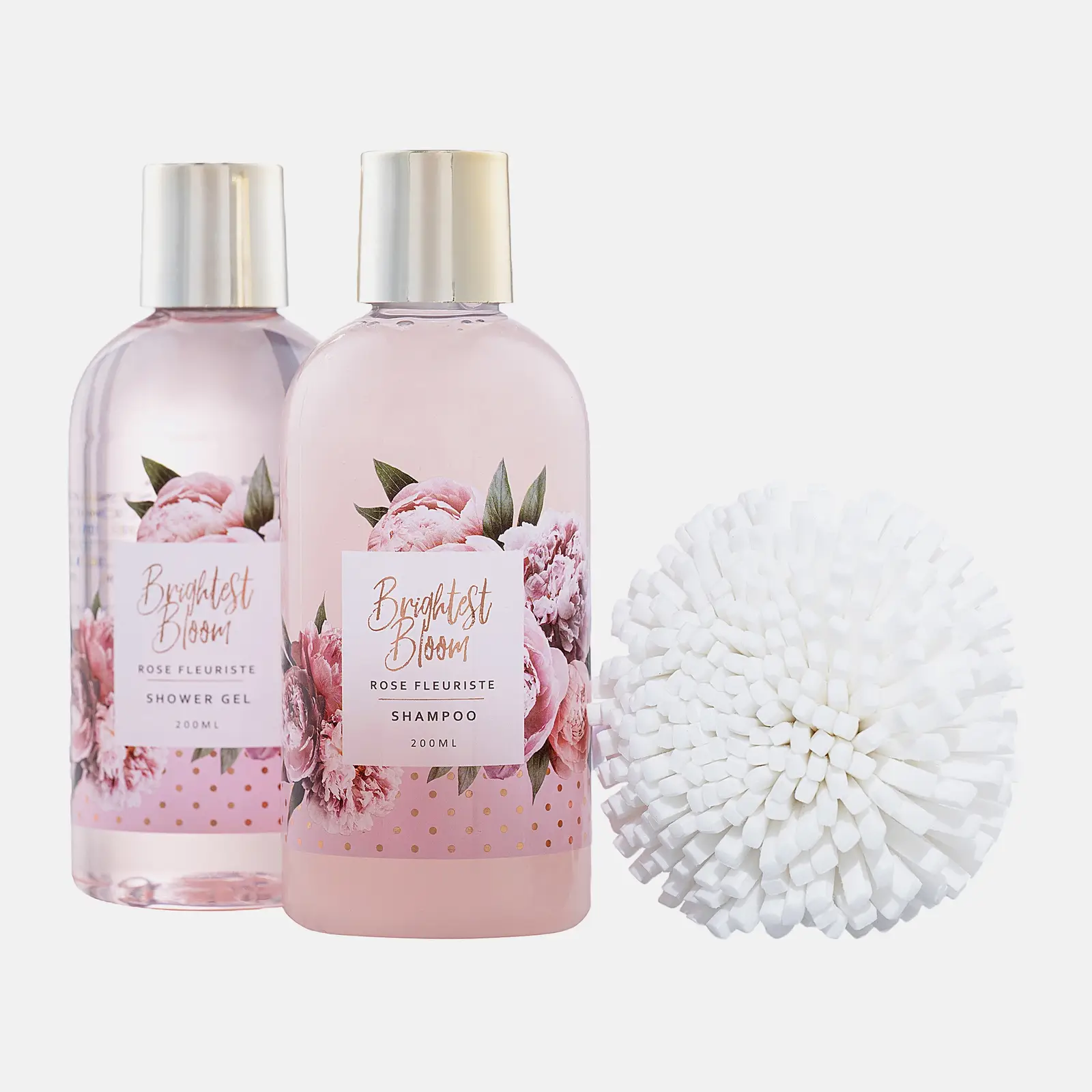 Подарочный набор Шампунь для волос 200мл + Гель для душа 200мл + Крем для рук 50мл + Соль для ванн 100г + Мочалка Rose Fleuriste в ассортименте