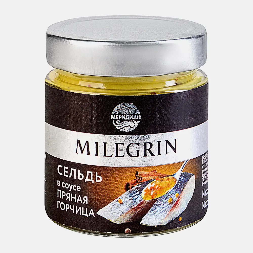 Сельдь филе-кусочки в соусе пряная горчица Milegrin 200г Сельдь филе-кусочки в соусе пряная горчица Milegrin 200г