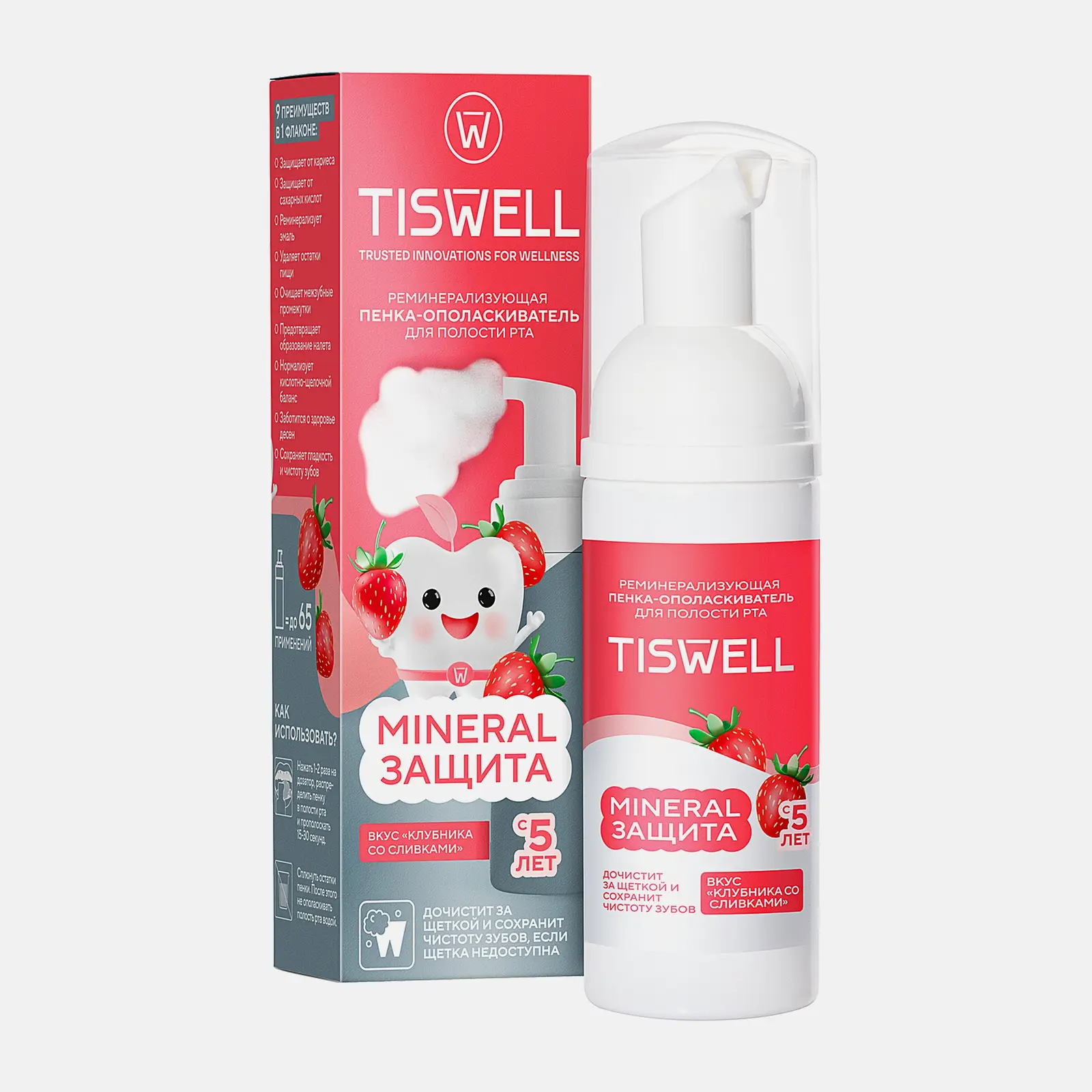 Пенка-ополаскиватель для полости рта Tiswell детская реминерализирующая вкус клубники со сливками 6+ 50мл