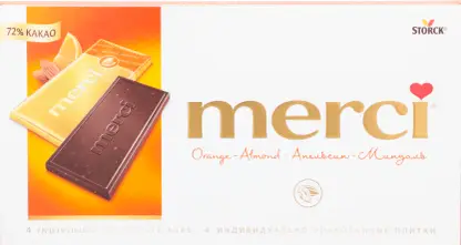 Изображение товара Шоколад Горький Апельсин и миндаль Merci 72% 100г