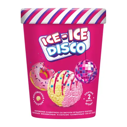 Изображение товара Мороженое Инмарко Ice-Ice Disco сливочное со вкусом ягодного пончика с печеньем и соусом 260г