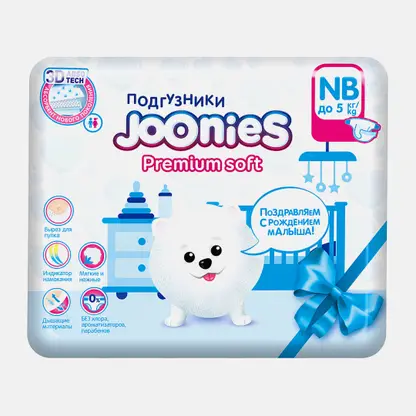 JOONIES Premium Soft Подгуз Для Детей NB (0-5кг) 24шт