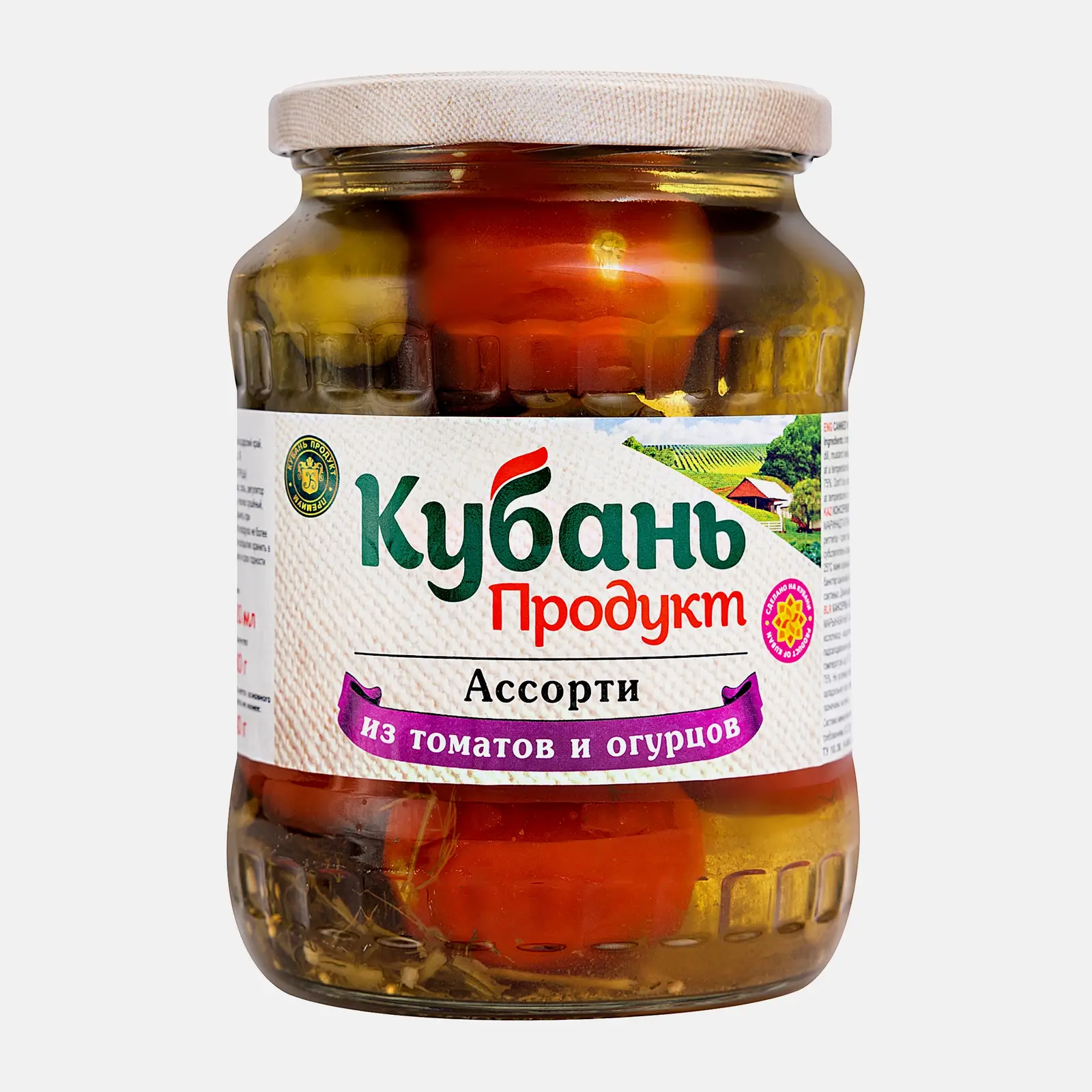 Ассорти Кубань продукт огурцы и помидоры маринованные 680г Ассорти Кубань продукт огурцы и помидоры маринованные 680г