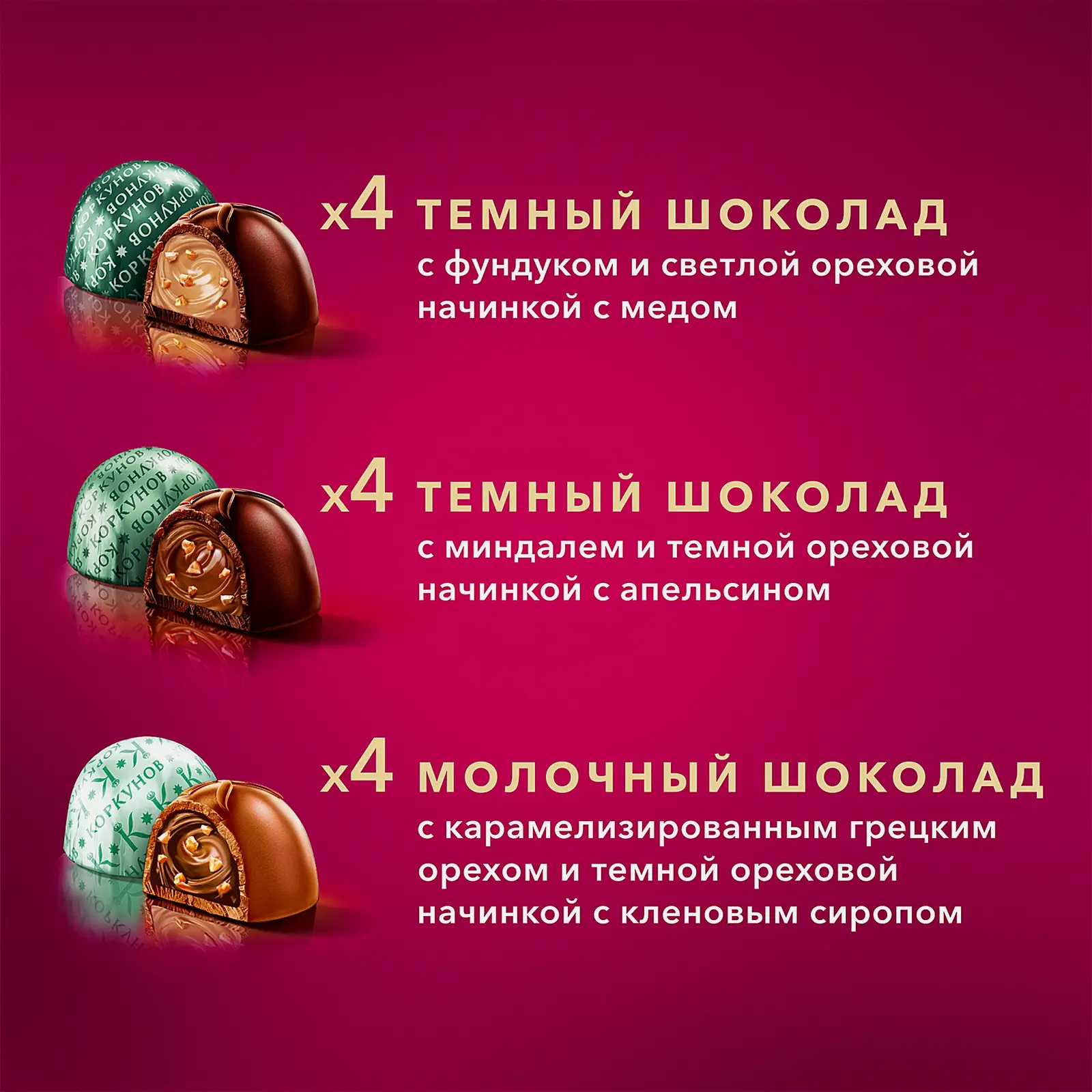 Ореховая коллекция шоколадных конфет Коркунов из темного и молочного шоколада с карамелизированными грецким орехом миндалем и фундуком 110г