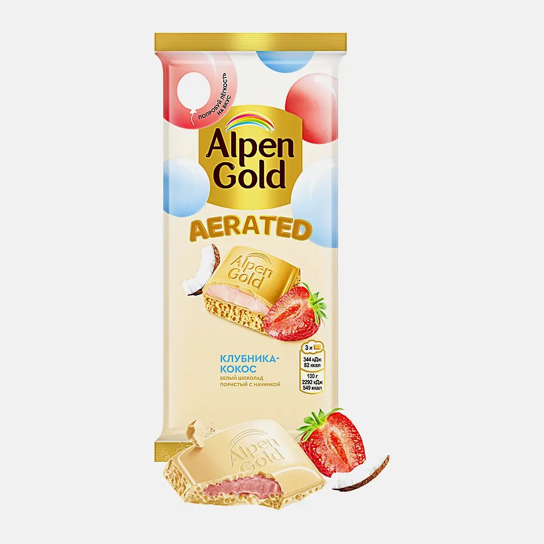 Шоколад Alpen Gold Aerated белый пористый с начинкой клубника кокос 75г Шоколад Alpen Gold Aerated белый пористый с начинкой клубника кокос 75г