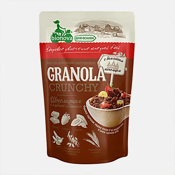 Изображение товара Мюсли запечённые с шоколадом клубникой и бананом Bionova Crunchy 60г
