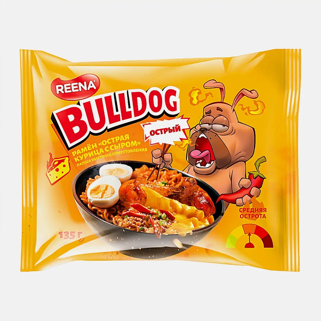 Изображение товара Лапша быстрого приготовления Рамён острая курица с сыром Reena Bulldog 135г