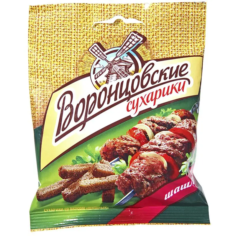 Изображение товара Сухарики Ветчина и сыр/Телятина на гриле/Шашлык/Сыр/Томат и моцарелла Воронцовские 40г в ассортименте