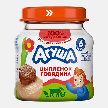 Пюре мясное детское Цыпленок-Говядина с 6 месяцев Агуша 80г