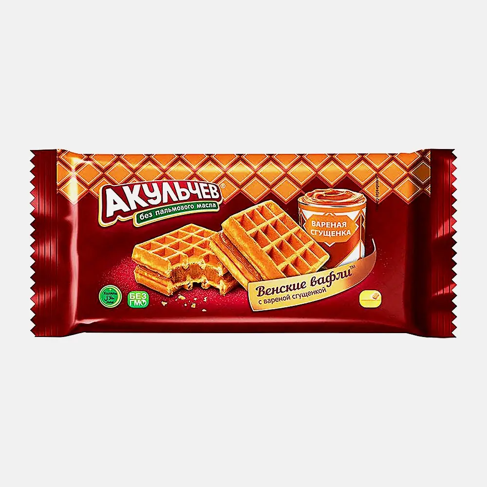 Изображение товара Вафли Акульчев Венские со вкусом вареной сгущенки 100г Изображение товара Вафли Акульчев Венские со вкусом вареной сгущенки 100г