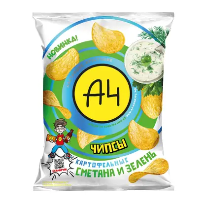 Изображение товара Чипсы А4 картофельные со вкусом сметана и зелень 50г