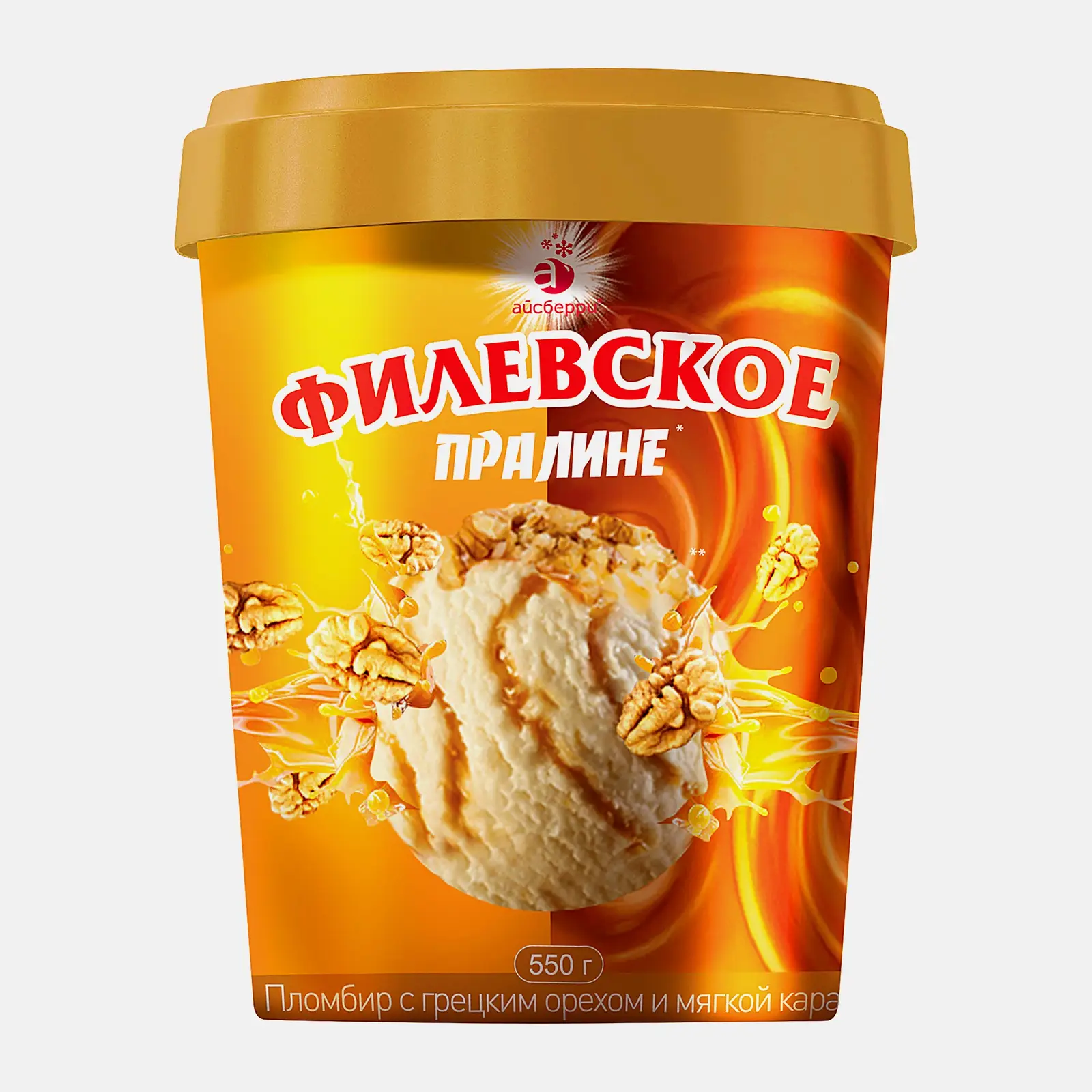 Мороженое Филевское Пломбир Пралине с грецким орехом и мягкой карамелью 550г