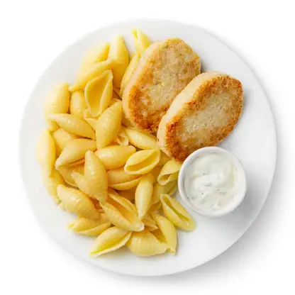 Изображение товара Котлеты рыбные из минтая с макаронами и соусом тартар 220г