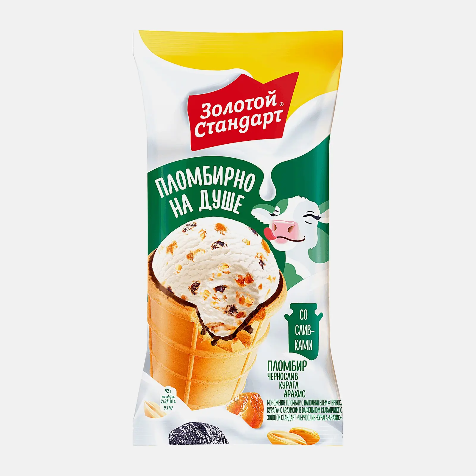 Изображение товара Мороженое Золотой Стандарт пломбир с черносливом курагой и арахисом в вафельном стаканчике 92г