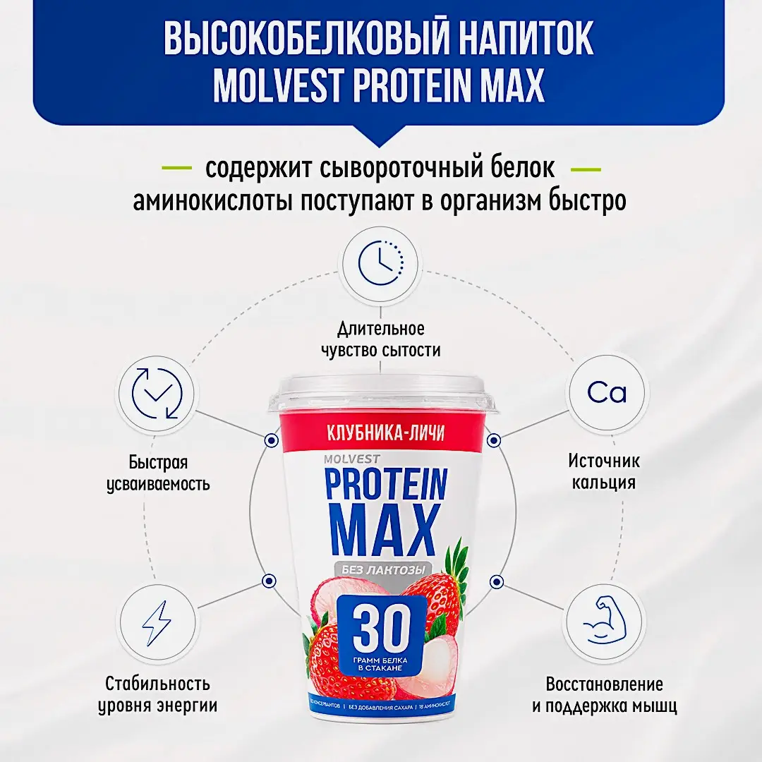 Напиток кисломолочный клубника и личи безлактозный Молвест Protein Max 0.6% 240г - фото 4