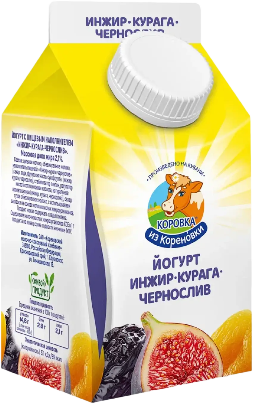 Йогурт Коровка из Кореновки инжир-курага-чернослив 2.1% 450г — в каталоге  на сайте сети Магнит | Краснодар