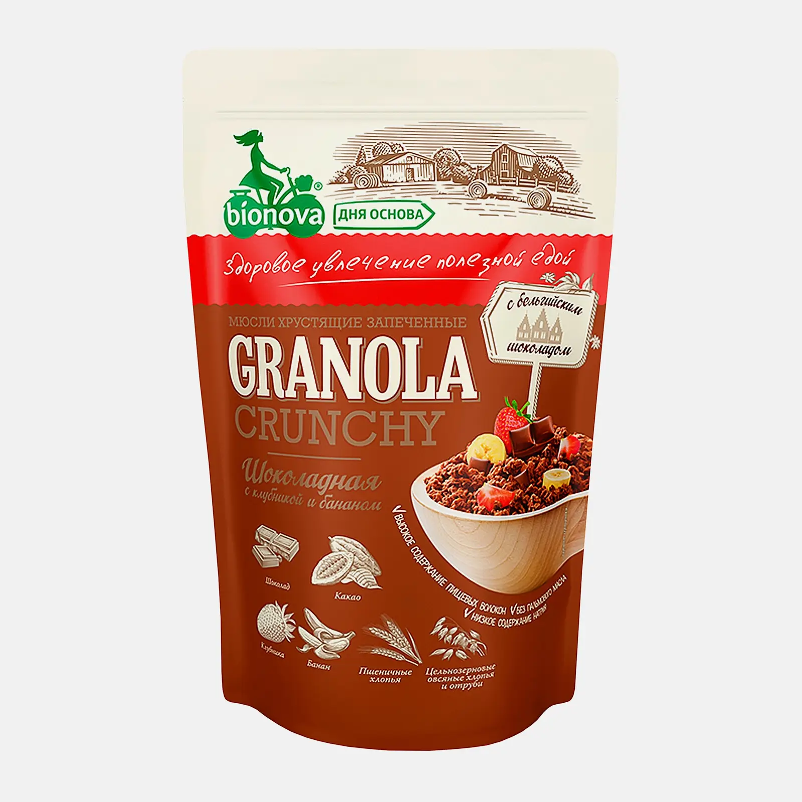 Гранола Crunchy шоколадная клубника банан Bionova 400г Гранола Crunchy шоколадная клубника банан Bionova 400г