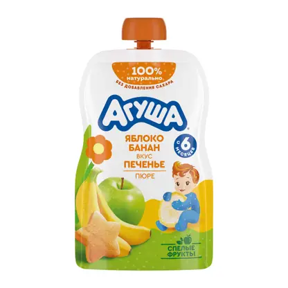 Изображение товара Детское фруктовое пюре Агуша Яблоко-банан со вкусом печенья в мягкой упаковке. с 6 месяцев 90г
