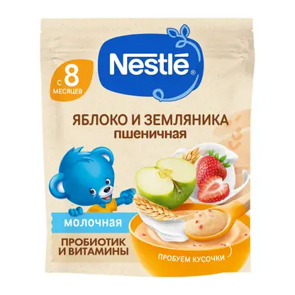 Изображение товара Каша молочная детская пшеничная с кусочками яблока и земляники садовой с 8 месяцев Nestle 200г