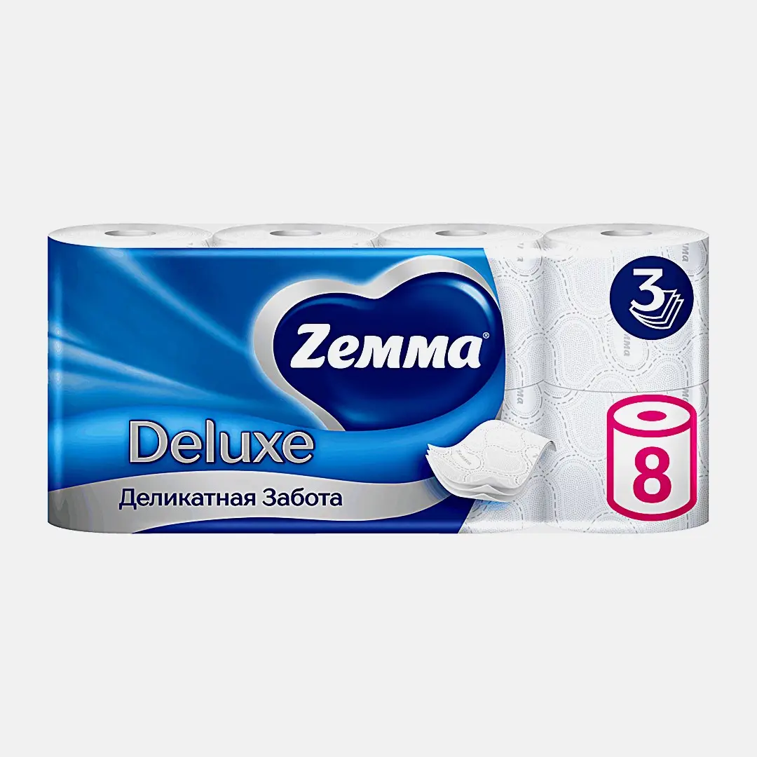 Туалетная бумага белая Deluxe Zemma 8 рулонов 3 слоя