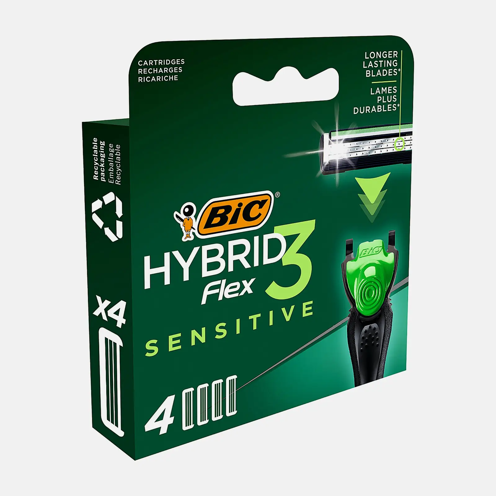 Сменные кассеты для мужской бритвы BIC Hybrid 3 Flex Sensitive 3 подвижных лезвия 4шт
