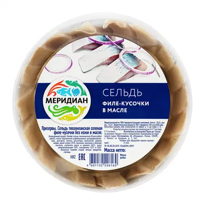 Изображение товара Сельдь слабосоленая филе-кусок в масле без кожи Меридиан 480г
