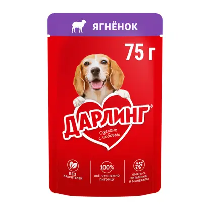 Изображение товара Влажный корм для взрослых собак Дарлинг кусочки с ягненком в подливе 75г