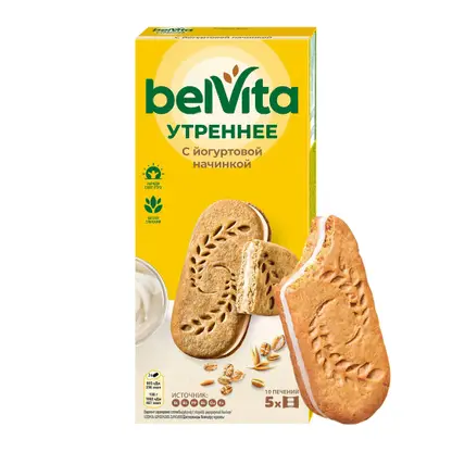 Изображение товара Печенье с йогуртовой начинкой Belvita 253г - хрустящее и полезное лакомство для завтрака Изображение товара Печенье с йогуртовой начинкой Belvita 253г - хрустящее и полезное лакомство для завтрака