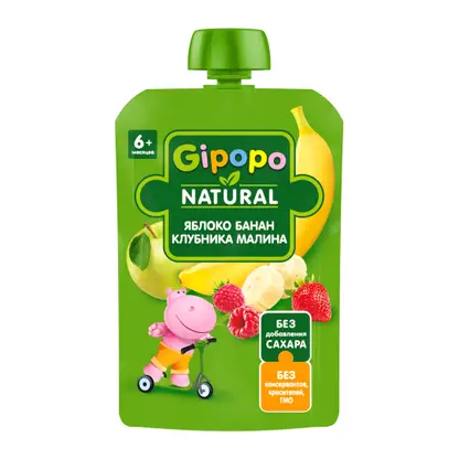 Изображение товара Пюре детское Gipopo Яблоко-банан-малина-клубника с 4 месяцев 90г Изображение товара Пюре детское Gipopo Яблоко-банан-малина-клубника с 4 месяцев 90г