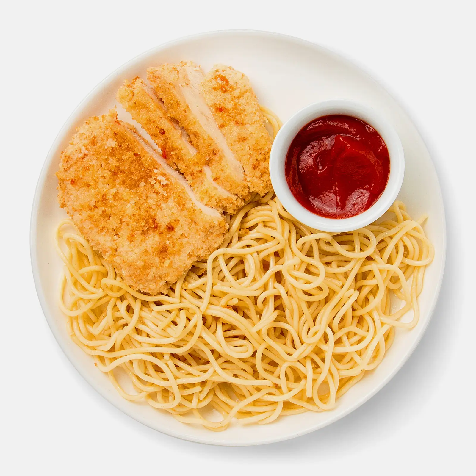 Изображение товара Шницель из индейки со спагетти и кетчупом 290 г Вилочка