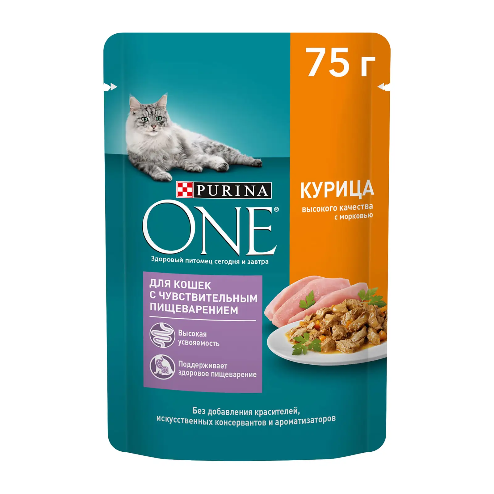 Влажный корм для кошек Purina One при чувствительном пищеварении с курицей  в соусе 75г - Магнит-Продукты