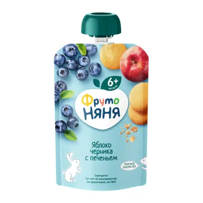 Изображение товара Пюре Фрутоняня из яблок и черники с печеньем 90г